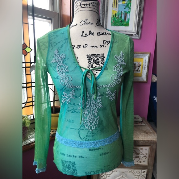 NWOT Sheer Turquoises/Aquamarine Long Sleeve Top with Beaded Accents - Picture 2 of 8